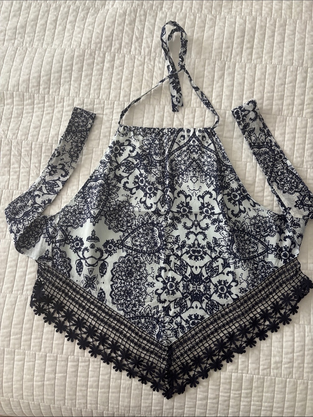Women's ‘Scarf’ Halter Tank Top with Blue Lace Trim - Navy/White Print